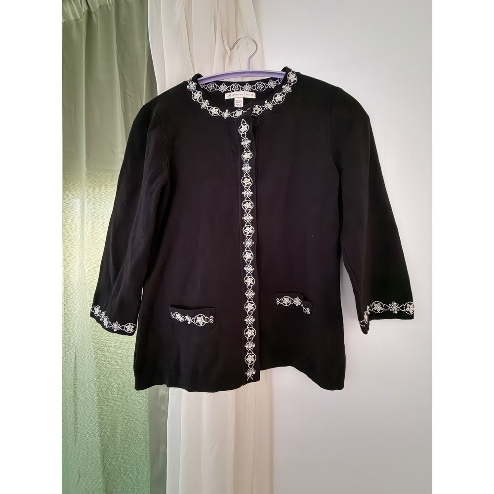 JM Collection Cardigan Womens Small Petite Black Excellent Pearl Embroidered 3/4